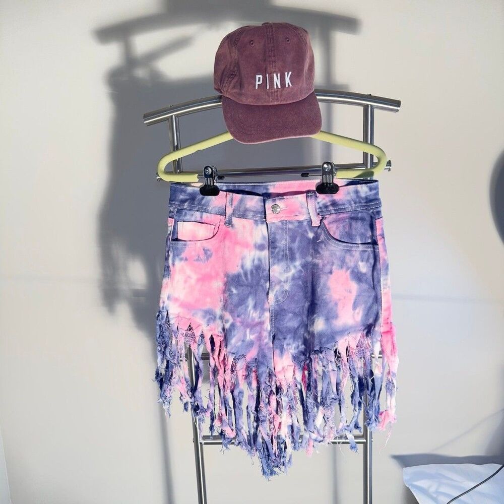 K I M Denim Fringe Shorts In Purple And Pink Tie Dye Print